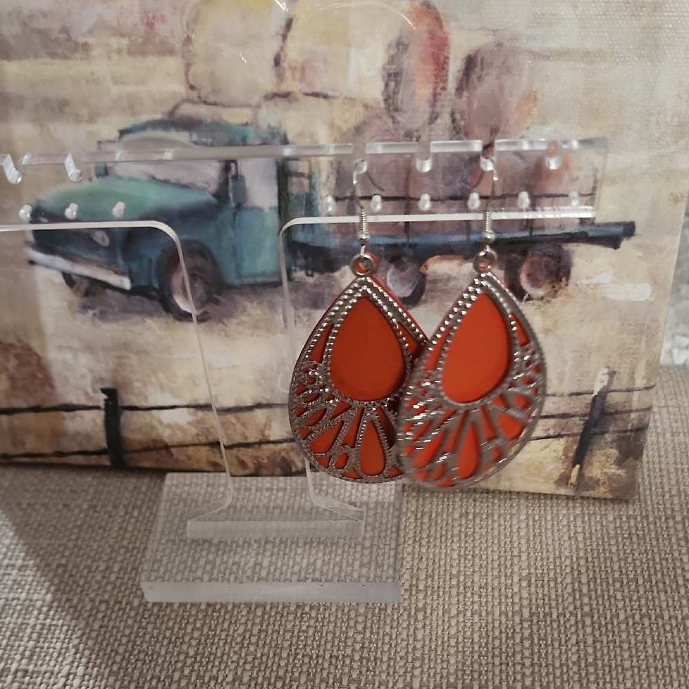 Orange Teardrop Earrings with Silver Accents